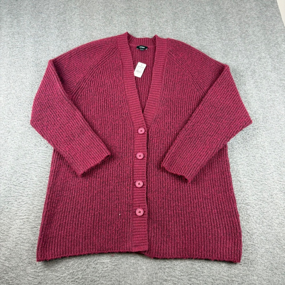 Express Cardigan Women's Medium Burgundy Chunky Ribbed Knit Button Front New